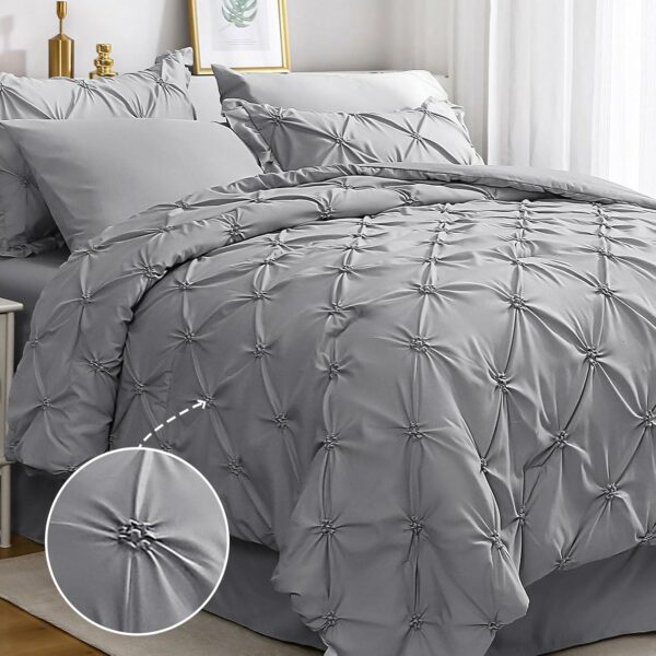 JOLLYVOGUE Grey Queen Comforter Set 7 Pieces Pintuck Comfor - Compare and Shop The Best Products NOW