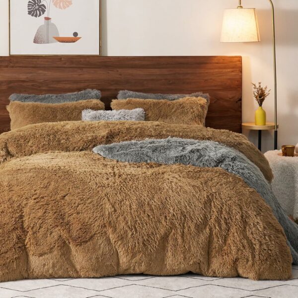 PHF Fluffy Taupe Faux Fur Duvet Cover Set Queen Luxury - Compare and Shop The Best Products NOW